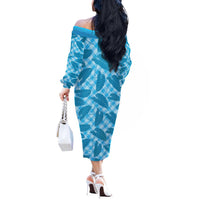 Blue Hawaii Kalo Palaka Motifs Off The Shoulder Long Sleeve Dress Hawaiian Taro Leaves Elegant Vibes - Polynesian Pride