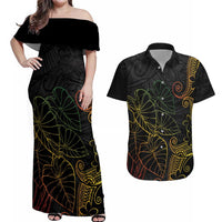 Aloha Hawaii Kalo Couples Matching Off Shoulder Maxi Dress and Hawaiian Shirt Reggae Taro Polynesian Pattern LT14 Black - Polynesian Pride