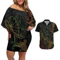 Aloha Hawaii Kalo Couples Matching Off Shoulder Short Dress and Hawaiian Shirt Reggae Taro Polynesian Pattern LT14 Black - Polynesian Pride