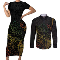 Aloha Hawaii Kalo Couples Matching Short Sleeve Bodycon Dress and Long Sleeve Button Shirt Reggae Taro Polynesian Pattern LT14 Black - Polynesian Pride