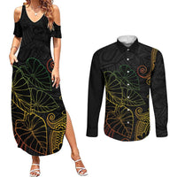 Aloha Hawaii Kalo Couples Matching Summer Maxi Dress and Long Sleeve Button Shirt Reggae Taro Polynesian Pattern LT14 Black - Polynesian Pride