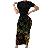 Aloha Hawaii Kalo Short Sleeve Bodycon Dress Reggae Taro Polynesian Pattern LT14 Long Dress Black - Polynesian Pride