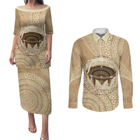 Tonga Skink Kava Bowl Couples Matching Puletasi and Long Sleeve Button Shirt Vintage Tongan Ngatu Pattern LT14 Brown - Polynesian Pride