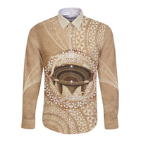 Tonga Skink Kava Bowl Long Sleeve Button Shirt Vintage Tongan Ngatu Pattern LT14 Unisex Brown - Polynesian Pride