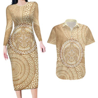 Tonga Ngatu Turtle Couples Matching Long Sleeve Bodycon Dress and Hawaiian Shirt Vintage Tongan Tapa Cloth