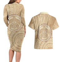Tonga Ngatu Turtle Couples Matching Long Sleeve Bodycon Dress and Hawaiian Shirt Vintage Tongan Tapa Cloth