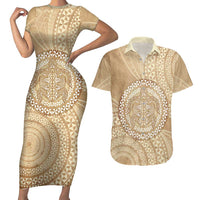 Tonga Ngatu Turtle Couples Matching Short Sleeve Bodycon Dress and Hawaiian Shirt Vintage Tongan Tapa Cloth