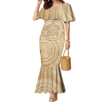 Tonga Ngatu Turtle Family Matching Mermaid Dress and Hawaiian Shirt Vintage Tongan Tapa Cloth