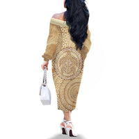 Tonga Ngatu Turtle Family Matching Off The Shoulder Long Sleeve Dress and Hawaiian Shirt Vintage Tongan Tapa Cloth