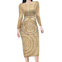 Tonga Ngatu Turtle Long Sleeve Bodycon Dress Vintage Tongan Tapa Cloth LT14 Long Dress Brown - Polynesian Pride