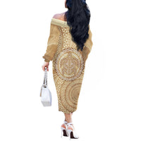 Tonga Ngatu Turtle Off The Shoulder Long Sleeve Dress Vintage Tongan Tapa Cloth