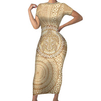 Tonga Ngatu Turtle Short Sleeve Bodycon Dress Vintage Tongan Tapa Cloth LT14 Long Dress Brown - Polynesian Pride