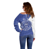 Queen Salote College 100th Anniversary Personalized Off Shoulder Sweater Est 1926 Kolisi Fefine Tongan Ngatu Pattern LT14 - Polynesian Pride