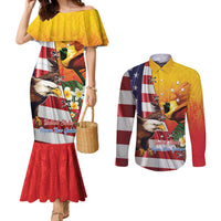 Personalised United States And Papua New Guinea Couples Matching Mermaid Dress and Long Sleeve Button Shirt USA Eagle With PNG Bird Of Paradise LT14 Red - Polynesian Pride