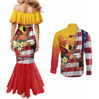 Personalised United States And Papua New Guinea Couples Matching Mermaid Dress and Long Sleeve Button Shirt USA Eagle With PNG Bird Of Paradise LT14 - Polynesian Pride