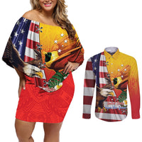 Personalised United States And Papua New Guinea Couples Matching Off Shoulder Short Dress and Long Sleeve Button Shirt USA Eagle With PNG Bird Of Paradise LT14 Red - Polynesian Pride