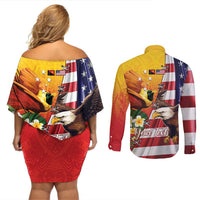Personalised United States And Papua New Guinea Couples Matching Off Shoulder Short Dress and Long Sleeve Button Shirt USA Eagle With PNG Bird Of Paradise LT14 - Polynesian Pride