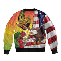 Personalised United States And Hawaii Bomber Jacket USA Eagle With Hawaiian Shark Tattoo LT14 - Polynesian Pride