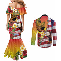 Personalised United States And Hawaii Couples Matching Mermaid Dress and Long Sleeve Button Shirt USA Eagle With Hawaiian Shark Tattoo LT14 - Polynesian Pride