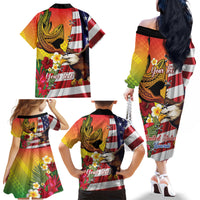 Personalised United States And Hawaii Family Matching Off The Shoulder Long Sleeve Dress and Hawaiian Shirt USA Eagle With Hawaiian Shark Tattoo