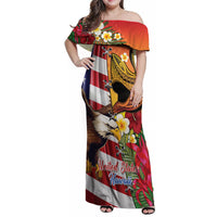 Personalised United States And Hawaii Family Matching Off Shoulder Maxi Dress and Hawaiian Shirt USA Eagle With Hawaiian Shark Tattoo