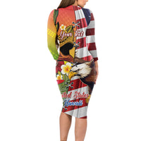 Personalised United States And Hawaii Long Sleeve Bodycon Dress USA Eagle With Hawaiian Shark Tattoo