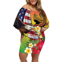 Personalised United States And Hawaii Off Shoulder Short Dress USA Eagle With Hawaiian Shark Tattoo LT14 Women Red - Polynesian Pride