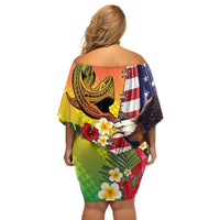 Personalised United States And Hawaii Off Shoulder Short Dress USA Eagle With Hawaiian Shark Tattoo LT14 - Polynesian Pride