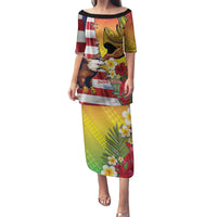 Personalised United States And Hawaii Puletasi USA Eagle With Hawaiian Shark Tattoo LT14 Long Dress Red - Polynesian Pride