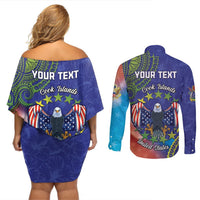 Personalised United States And Cook Islands Couples Matching Off Shoulder Short Dress and Long Sleeve Button Shirt USA Eagle Mix Polynesian Pattern LT14 - Polynesian Pride