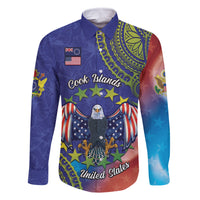 Personalised United States And Cook Islands Family Matching Off The Shoulder Long Sleeve Dress and Hawaiian Shirt USA Eagle Mix Polynesian Pattern LT14 Dad's Shirt - Long Sleeve Blue - Polynesian Pride