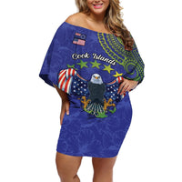 Personalised United States And Cook Islands Off Shoulder Short Dress USA Eagle Mix Polynesian Pattern LT14 Women Blue - Polynesian Pride