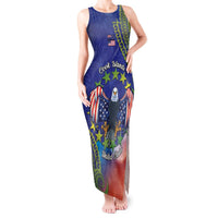Personalised United States And Cook Islands Tank Maxi Dress USA Eagle Mix Polynesian Pattern LT14 Women Blue - Polynesian Pride