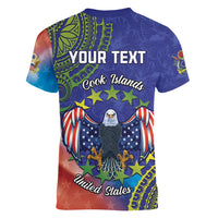 Personalised United States And Cook Islands Women V Neck T Shirt USA Eagle Mix Polynesian Pattern