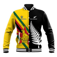 Custom New Zealand and Zimbabwe Baseball Jacket NZ Fern Zim Flag Half Style LT14 Unisex Black - Polynesian Pride