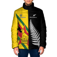 Custom New Zealand and Zimbabwe Padded Jacket NZ Fern Zim Flag Half Style LT14 Men Black - Polynesian Pride