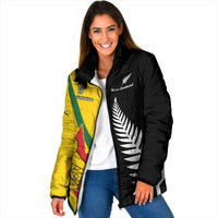 Custom New Zealand and Zimbabwe Padded Jacket NZ Fern Zim Flag Half Style LT14 Women Black - Polynesian Pride