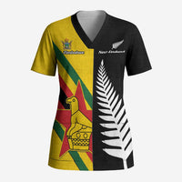 Custom New Zealand and Zimbabwe Scrub Top NZ Fern Zim Flag Half Style LT14 Adult Black - Polynesian Pride