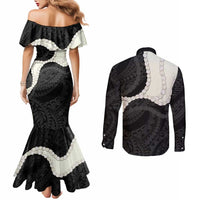 Black Polynesia Tribal Octopus Tattoo Couples Matching Mermaid Dress and Long Sleeve Button Shirt Pikake Lei Polynesian Pattern LT14 - Polynesian Pride