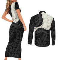 Black Polynesia Tribal Octopus Tattoo Couples Matching Short Sleeve Bodycon Dress and Long Sleeve Button Shirt Pikake Lei Polynesian Pattern LT14 - Polynesian Pride