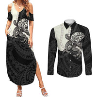 Black Polynesia Tribal Octopus Tattoo Couples Matching Summer Maxi Dress and Long Sleeve Button Shirt Pikake Lei Polynesian Pattern LT14 Black - Polynesian Pride