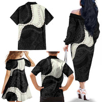 Black Polynesia Tribal Octopus Tattoo Family Matching Off The Shoulder Long Sleeve Dress and Hawaiian Shirt Pikake Lei Polynesian Pattern