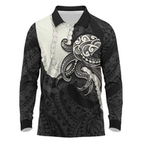 Black Polynesia Tribal Octopus Tattoo Long Sleeve Polo Shirt Pikake Lei Polynesian Pattern LT14 Black - Polynesian Pride