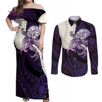 Purple Galaxy Polynesia Tribal Octopus Tattoo Couples Matching Off Shoulder Maxi Dress and Long Sleeve Button Shirt Pikake Lei Polynesian Pattern LT14 Purple - Polynesian Pride