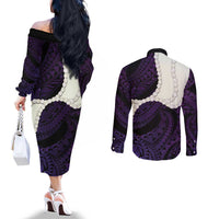Purple Galaxy Polynesia Tribal Octopus Tattoo Couples Matching Off The Shoulder Long Sleeve Dress and Long Sleeve Button Shirt Pikake Lei Polynesian Pattern LT14 - Polynesian Pride