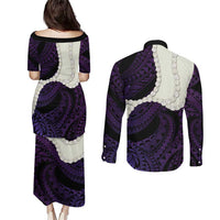 Purple Galaxy Polynesia Tribal Octopus Tattoo Couples Matching Puletasi and Long Sleeve Button Shirt Pikake Lei Polynesian Pattern LT14 - Polynesian Pride