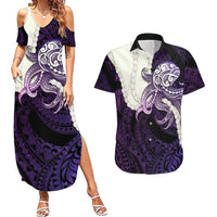 Purple Galaxy Polynesia Tribal Octopus Tattoo Couples Matching Summer Maxi Dress and Hawaiian Shirt Pikake Lei Polynesian Pattern