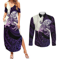 Purple Galaxy Polynesia Tribal Octopus Tattoo Couples Matching Summer Maxi Dress and Long Sleeve Button Shirt Pikake Lei Polynesian Pattern LT14 Purple - Polynesian Pride