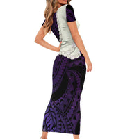 Purple Galaxy Polynesia Tribal Octopus Tattoo Family Matching Short Sleeve Bodycon Dress and Hawaiian Shirt Pikake Lei Polynesian Pattern