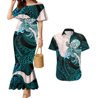 Teal Galaxy Polynesia Tribal Octopus Tattoo Couples Matching Mermaid Dress and Hawaiian Shirt Pikake Lei Polynesian Pattern LT14 Teal - Polynesian Pride